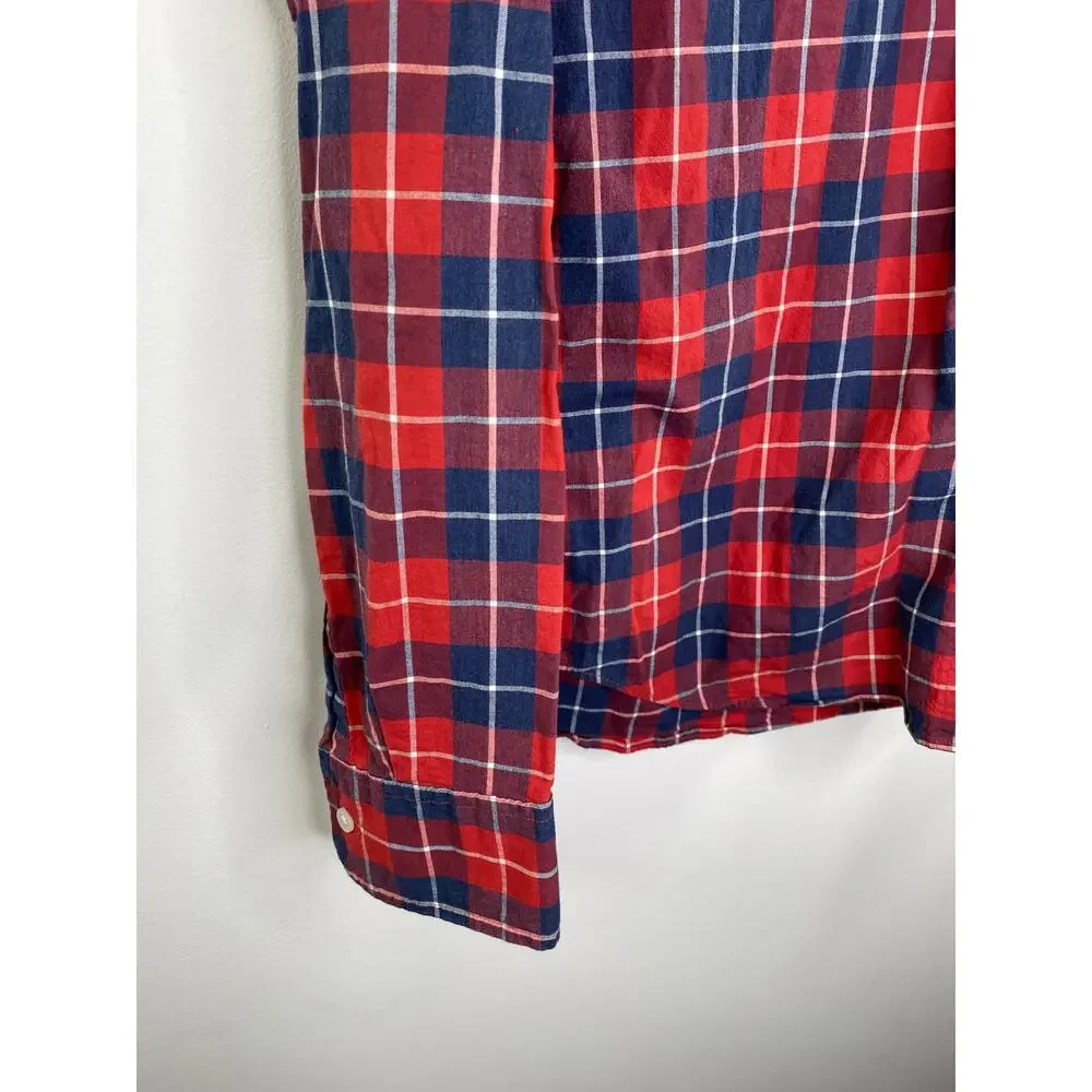 J.Crew Mercantile Flex Mens Plaid‎ Button Front Shirt Size L Slim Fit Red Blue